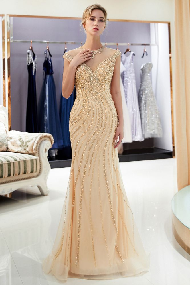 stylesnuggle offers MARTHA Mermaid Floor Length Sleeveless Golden Beading Evening Gowns at a cheap price from Gold,  Tulle to Mermaid Floor-length hem. Gorgeous yet affordable Sleeveless Prom Dresses, Evening Dresses.