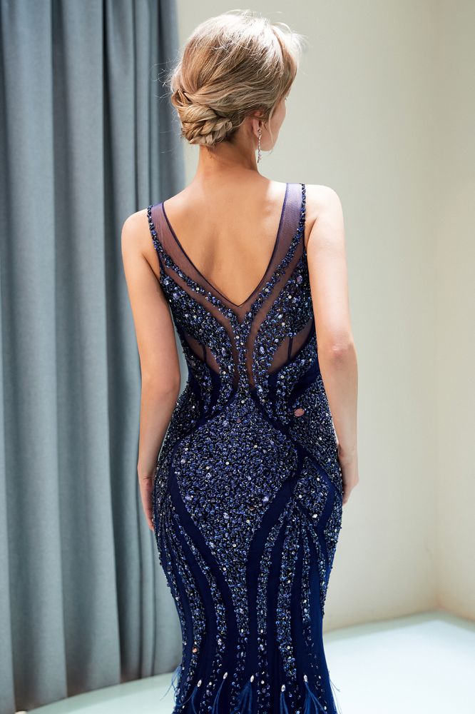 stylesnuggle offers MATHILDA Mermaid Sleeveless V-neck Sequins Pattern Long Evening Gowns at a cheap price from Dark Navy,  Tulle to Mermaid Floor-length hem. Gorgeous yet affordable Sleeveless Prom Dresses, Evening Dresses.