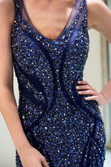 stylesnuggle offers MATHILDA Mermaid Sleeveless V-neck Sequins Pattern Long Evening Gowns at a cheap price from Dark Navy,  Tulle to Mermaid Floor-length hem. Gorgeous yet affordable Sleeveless Prom Dresses, Evening Dresses.