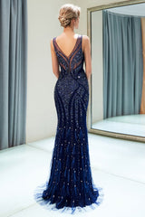 stylesnuggle offers MATHILDA Mermaid Sleeveless V-neck Sequins Pattern Long Evening Gowns at a cheap price from Dark Navy,  Tulle to Mermaid Floor-length hem. Gorgeous yet affordable Sleeveless Prom Dresses, Evening Dresses.