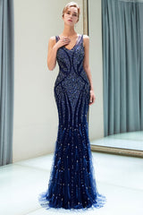 stylesnuggle offers MATHILDA Mermaid Sleeveless V-neck Sequins Pattern Long Evening Gowns at a cheap price from Dark Navy,  Tulle to Mermaid Floor-length hem. Gorgeous yet affordable Sleeveless Prom Dresses, Evening Dresses.