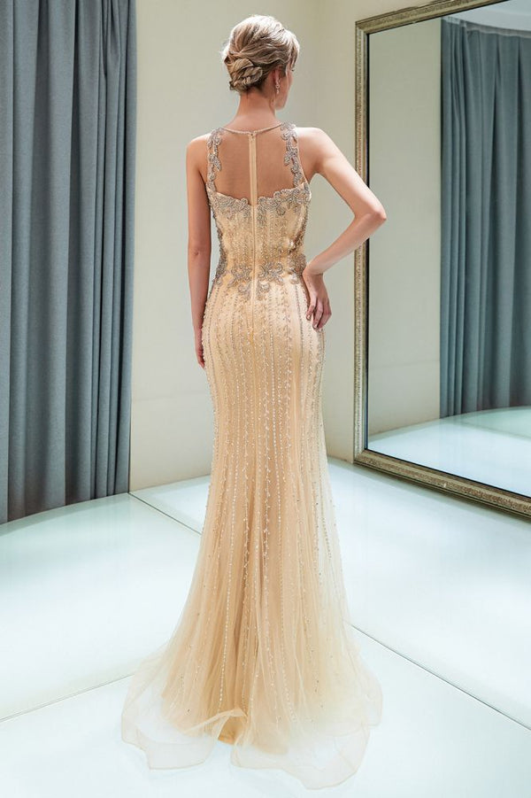 stylesnuggle offers MATILDA Mermaid Floor Length Sleeveless Beading Golden Evening Dresses at a cheap price from Gold,  Tulle to Mermaid Floor-length hem. Gorgeous yet affordable Sleeveless Prom Dresses, Evening Dresses.