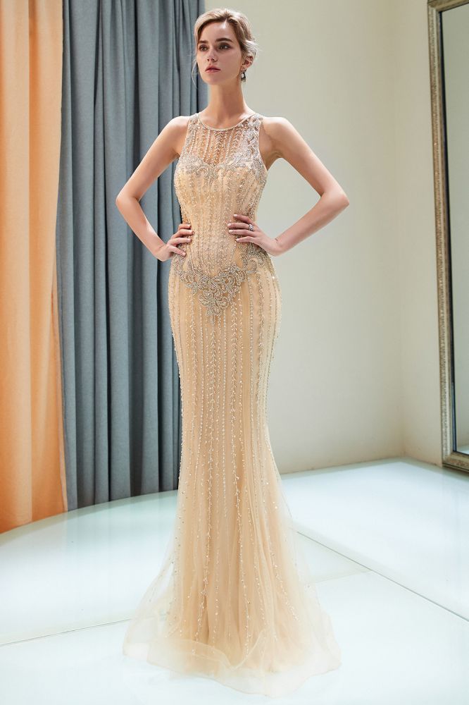 stylesnuggle offers MATILDA Mermaid Floor Length Sleeveless Beading Golden Evening Dresses at a cheap price from Gold,  Tulle to Mermaid Floor-length hem. Gorgeous yet affordable Sleeveless Prom Dresses, Evening Dresses.