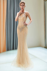 stylesnuggle offers MATILDA Mermaid Floor Length Sleeveless Beading Golden Evening Dresses at a cheap price from Gold,  Tulle to Mermaid Floor-length hem. Gorgeous yet affordable Sleeveless Prom Dresses, Evening Dresses.