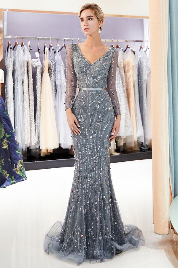 Looking for Prom Dresses, Evening Dresses in Tulle,  Mermaid style,  and Gorgeous Beading, Crystal, Ribbons work? stylesnuggle has all covered on this elegant MAVIS Mermaid Long Sleevess V-neck Sequins Evening Gowns with Sash.