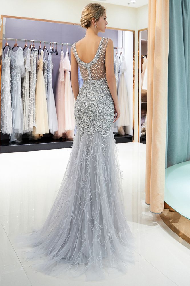 stylesnuggle offers MEG Mermaid Sleeveless Illusion Neckline Crystal Sqeuined Tulle Evening Dresses at a cheap price from Gray,  Tulle to Mermaid Floor-length hem. Gorgeous yet affordable Sleeveless Prom Dresses, Evening Dresses.