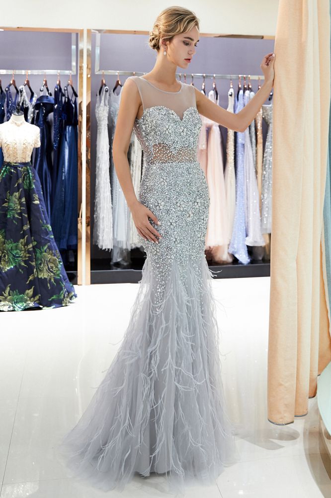 stylesnuggle offers MEG Mermaid Sleeveless Illusion Neckline Crystal Sqeuined Tulle Evening Dresses at a cheap price from Gray,  Tulle to Mermaid Floor-length hem. Gorgeous yet affordable Sleeveless Prom Dresses, Evening Dresses.