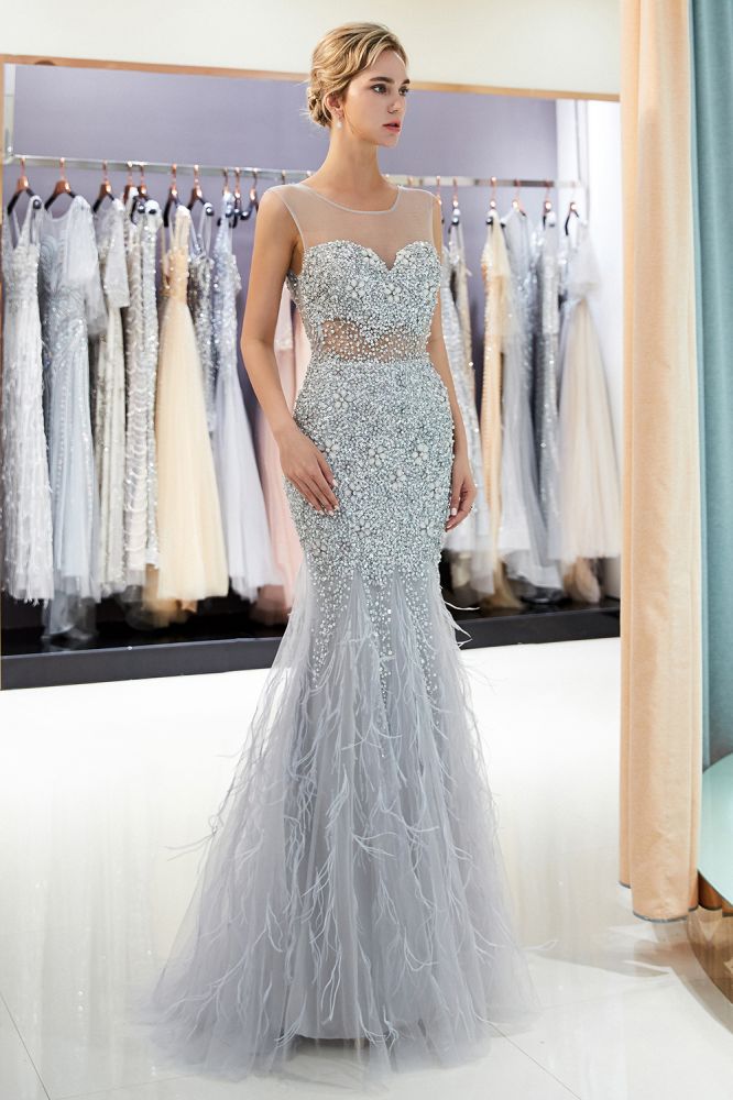 stylesnuggle offers MEG Mermaid Sleeveless Illusion Neckline Crystal Sqeuined Tulle Evening Dresses at a cheap price from Gray,  Tulle to Mermaid Floor-length hem. Gorgeous yet affordable Sleeveless Prom Dresses, Evening Dresses.