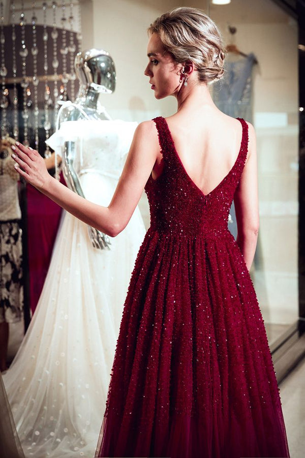 stylesnuggle offers MELANIE A-line Long V-neck Sleeveless Burgundy Sequins Tulle Evening Dresses at a cheap price from Burgundy,  Tulle to A-line Floor-length hem. Gorgeous yet affordable Sleeveless Prom Dresses, Evening Dresses.