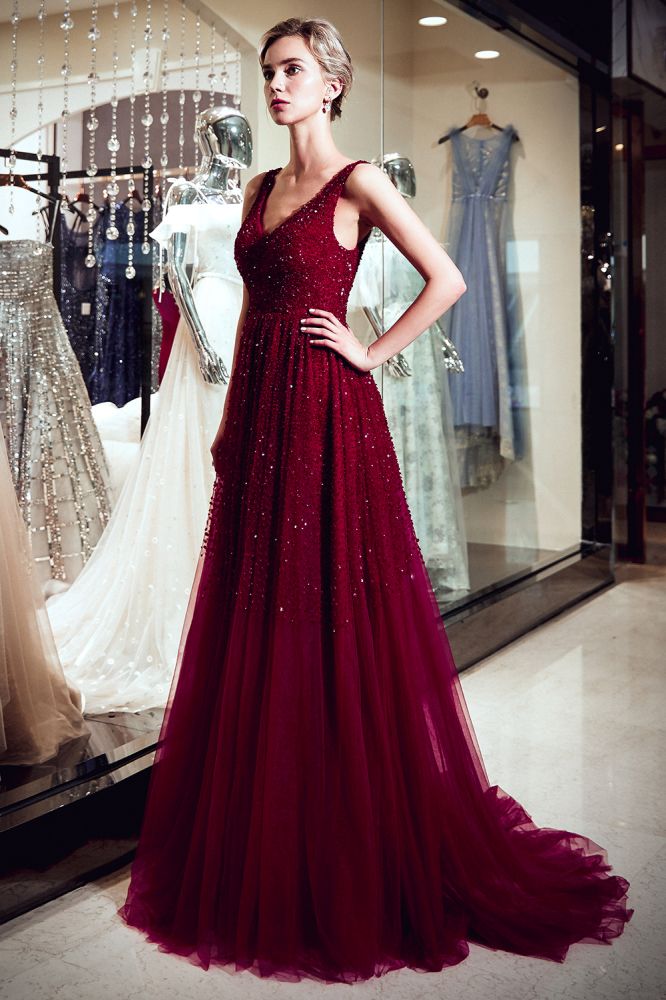 stylesnuggle offers MELANIE A-line Long V-neck Sleeveless Burgundy Sequins Tulle Evening Dresses at a cheap price from Burgundy,  Tulle to A-line Floor-length hem. Gorgeous yet affordable Sleeveless Prom Dresses, Evening Dresses.