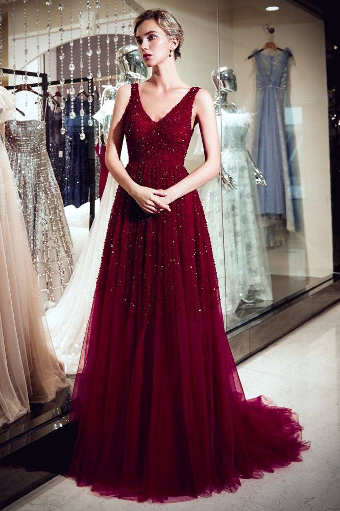 stylesnuggle offers MELANIE A-line Long V-neck Sleeveless Burgundy Sequins Tulle Evening Dresses at a cheap price from Burgundy,  Tulle to A-line Floor-length hem. Gorgeous yet affordable Sleeveless Prom Dresses, Evening Dresses.