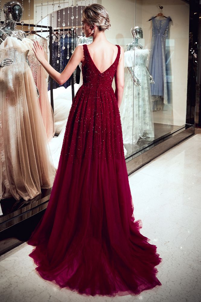 stylesnuggle offers MELANIE A-line Long V-neck Sleeveless Burgundy Sequins Tulle Evening Dresses at a cheap price from Burgundy,  Tulle to A-line Floor-length hem. Gorgeous yet affordable Sleeveless Prom Dresses, Evening Dresses.