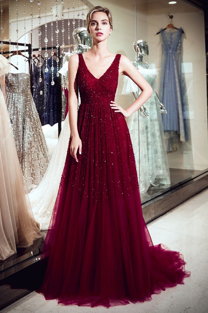 stylesnuggle offers MELANIE A-line Long V-neck Sleeveless Burgundy Sequins Tulle Evening Dresses at a cheap price from Burgundy,  Tulle to A-line Floor-length hem. Gorgeous yet affordable Sleeveless Prom Dresses, Evening Dresses.