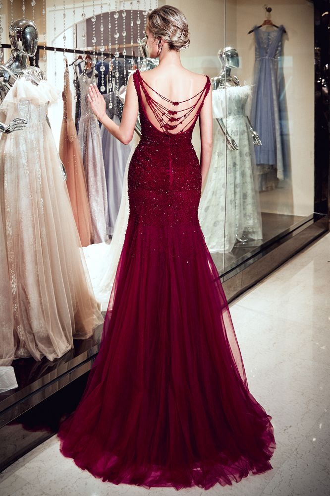 Looking for Prom Dresses, Evening Dresses in Tulle,  Mermaid style,  and Gorgeous Sequined work? stylesnuggle has all covered on this elegant MELBA Mermaid Sleeveless Long Sequined Tulle Burgundy Evening Gowns.