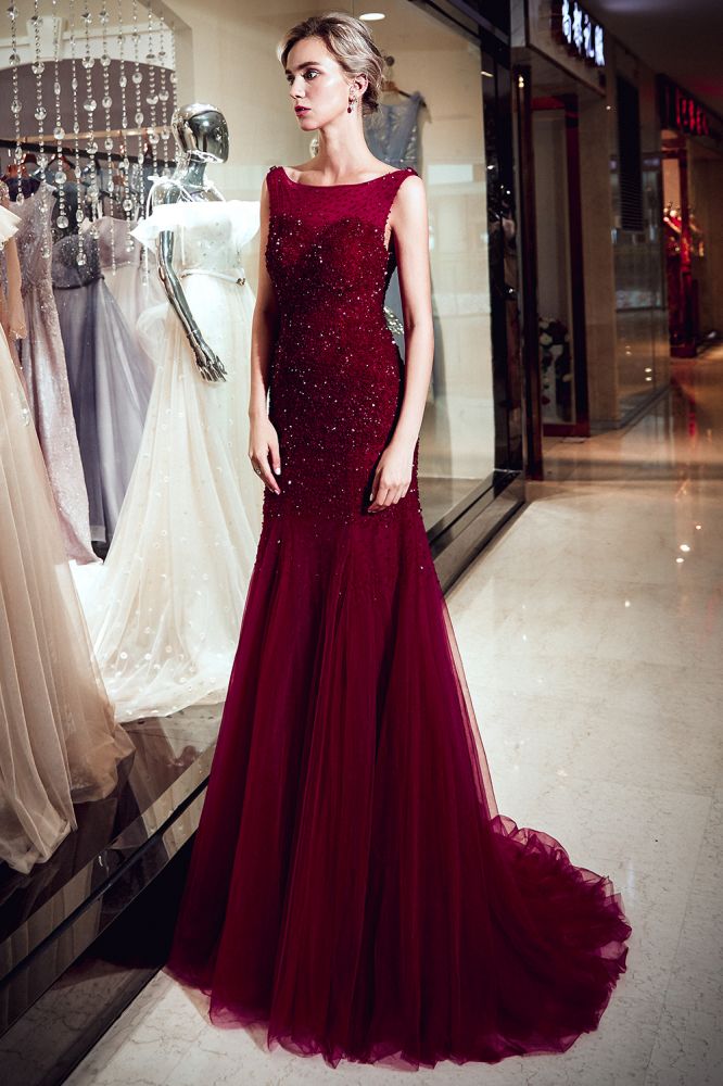 Looking for Prom Dresses, Evening Dresses in Tulle,  Mermaid style,  and Gorgeous Sequined work? stylesnuggle has all covered on this elegant MELBA Mermaid Sleeveless Long Sequined Tulle Burgundy Evening Gowns.