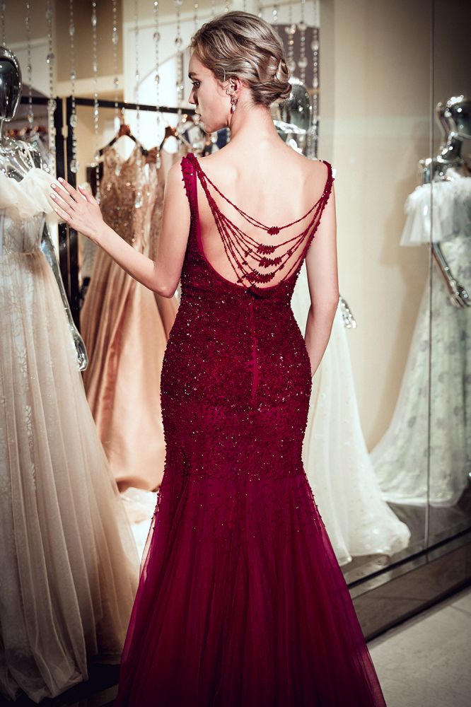 Looking for Prom Dresses, Evening Dresses in Tulle,  Mermaid style,  and Gorgeous Sequined work? stylesnuggle has all covered on this elegant MELBA Mermaid Sleeveless Long Sequined Tulle Burgundy Evening Gowns.