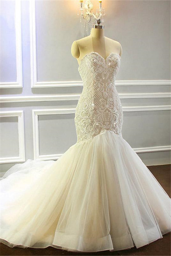 Mermaid Appliques Sweetheart Wedding Dresses Sleeveless Tulle Pleated Bridal Gowns-stylesnuggle