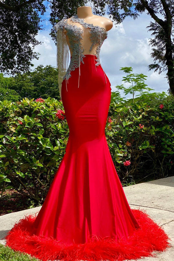 Mermaid Asymmetrical Appliques Lace Sequined Open Back One Shoulder Floor-length Sleeveless Prom Dress With Feather-stylesnuggle