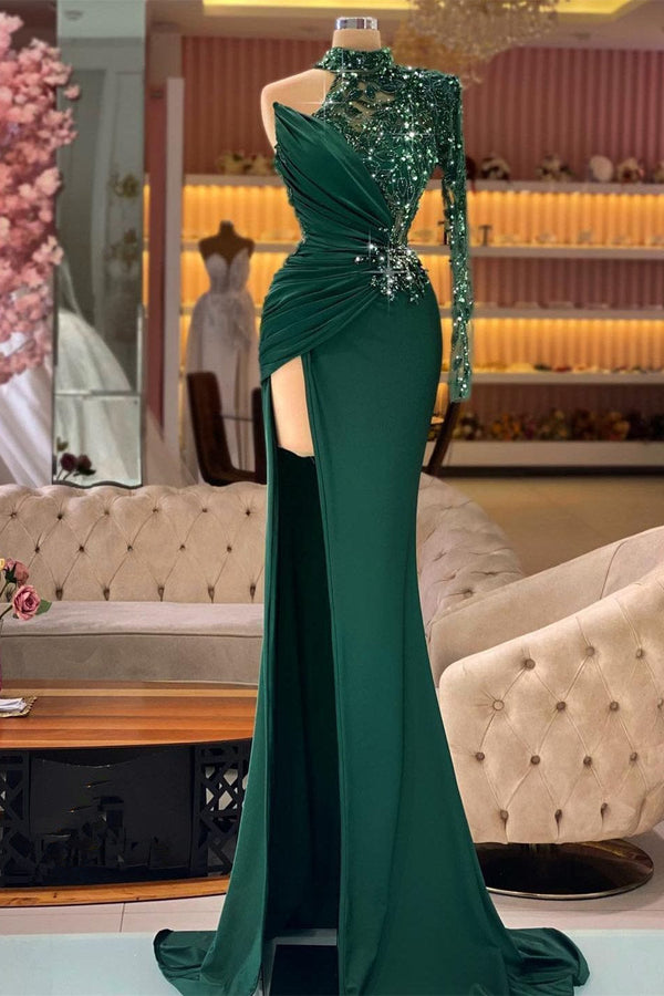 Mermaid Asymmetrical One Shoulder Sequined Floor-length Long Sleeve Lace Applique Prom Dress-stylesnuggle