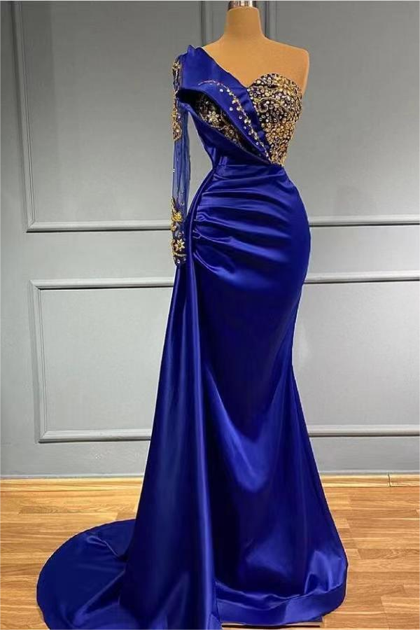 Mermaid Asymmetrical Sequined Floor-length Appliques Lace With Side Train Prom Dress-stylesnuggle