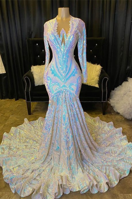 Mermaid Asymmetrical Sequined Floor-length Long Sleeve Appliques Lace Prom Dress-stylesnuggle