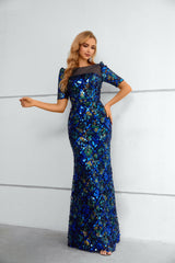 Mermaid Bateau Lace Sequined Floor-length half sleeves Floor-length Elegant Prom Dress-stylesnuggle