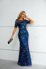 Mermaid Bateau Lace Sequined Floor-length half sleeves Floor-length Elegant Prom Dress-stylesnuggle