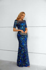 Mermaid Bateau Lace Sequined Floor-length half sleeves Floor-length Elegant Prom Dress-stylesnuggle