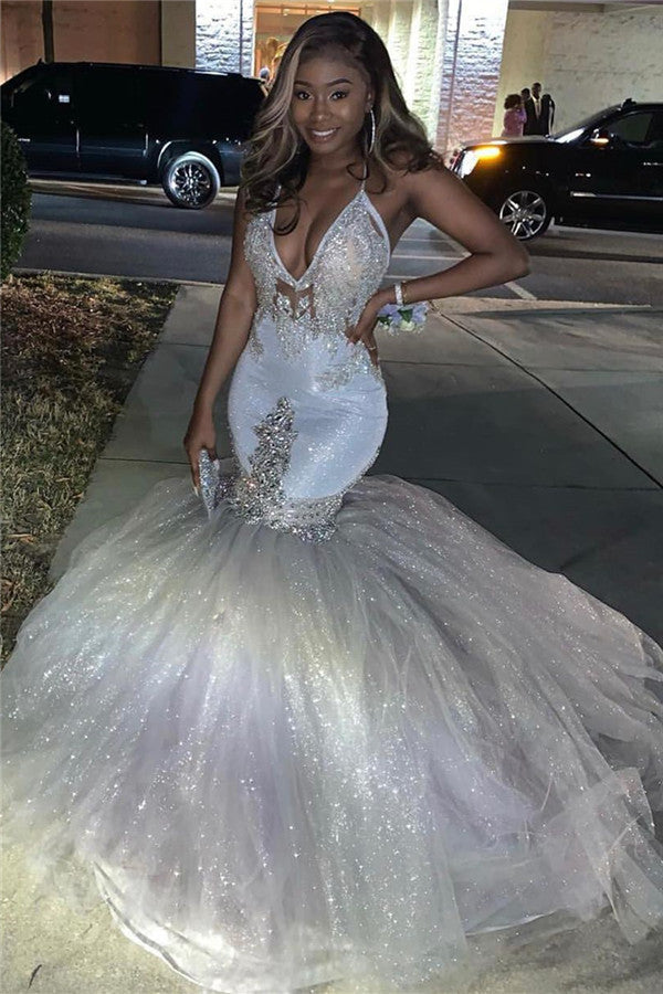 Mermaid Deep V-neck Halter Floor Length Tulle Paillette Beading Prom Dress-stylesnuggle