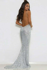 Mermaid Deep V-neck Spaghetti Strap Floor Length Backless Paillette Evening Dress-stylesnuggle