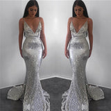 Mermaid Deep V-neck Spaghetti Strap Floor Length Backless Paillette Evening Dress-stylesnuggle