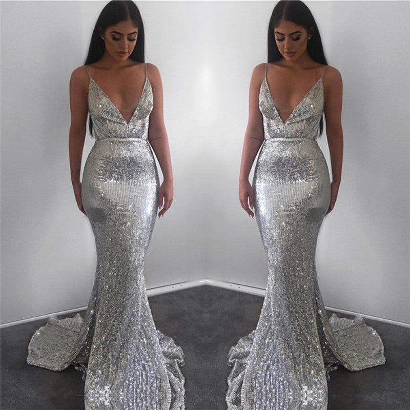 Mermaid Deep V-neck Spaghetti Strap Floor Length Backless Paillette Evening Dress-stylesnuggle