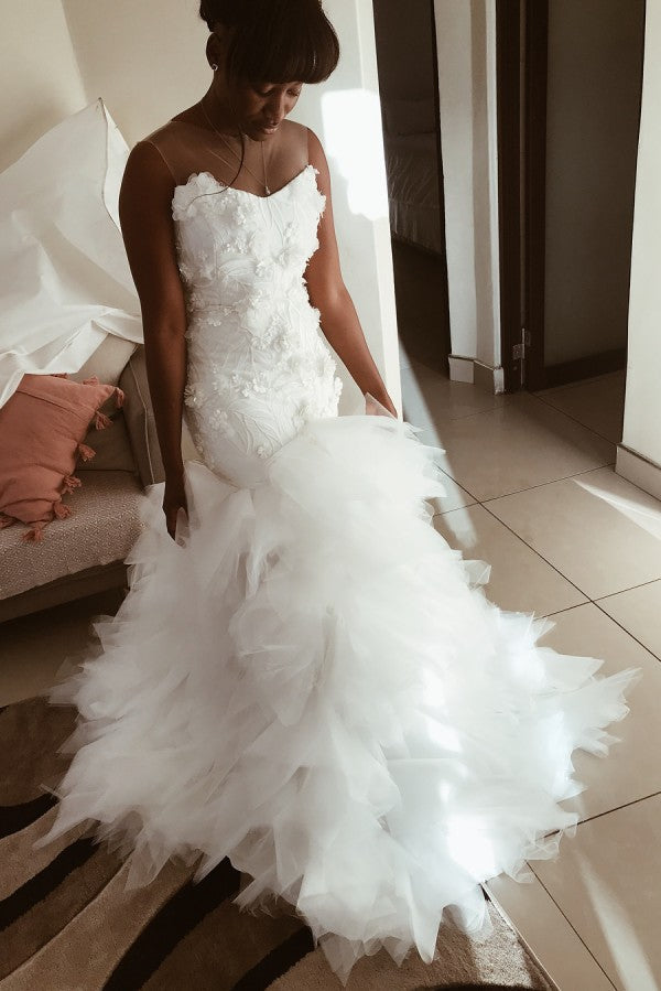 This Mermaid Floral Appliques Ruffless Wedding Dresses Sheer Tulle Backless Sleeveless Bridal Gowns at stylesnuggle comes in all sizes and colors. Shop a selection of formal dresses for special occasion and weddings at reasonable price.