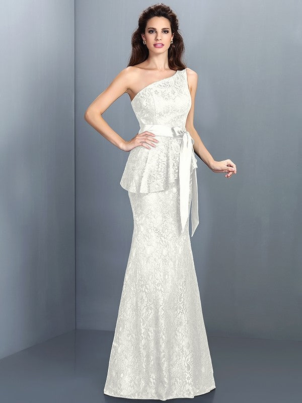 Charming Mermaid One Shoulder Lace Sleeveless Long Lace Bridesmaid Dresses