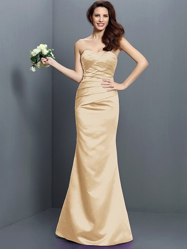 Charming Mermaid Strapless Pleats Sleeveless Long Satin Bridesmaid Dresses