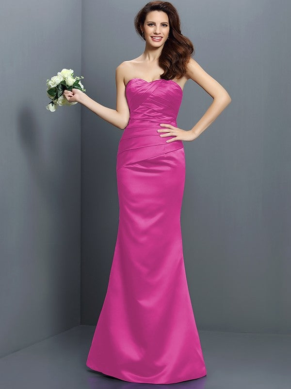 Charming Mermaid Strapless Pleats Sleeveless Long Satin Bridesmaid Dresses