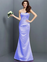 Charming Mermaid Strapless Pleats Sleeveless Long Satin Bridesmaid Dresses