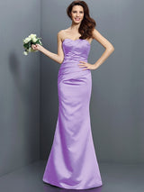 Charming Mermaid Strapless Pleats Sleeveless Long Satin Bridesmaid Dresses