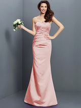 Charming Mermaid Strapless Pleats Sleeveless Long Satin Bridesmaid Dresses