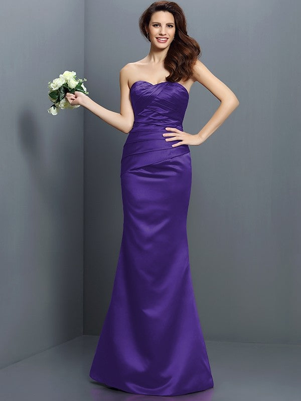 Charming Mermaid Strapless Pleats Sleeveless Long Satin Bridesmaid Dresses