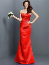 Charming Mermaid Strapless Pleats Sleeveless Long Satin Bridesmaid Dresses