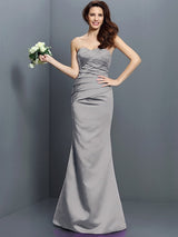 Charming Mermaid Strapless Pleats Sleeveless Long Satin Bridesmaid Dresses