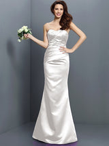 Charming Mermaid Strapless Pleats Sleeveless Long Satin Bridesmaid Dresses