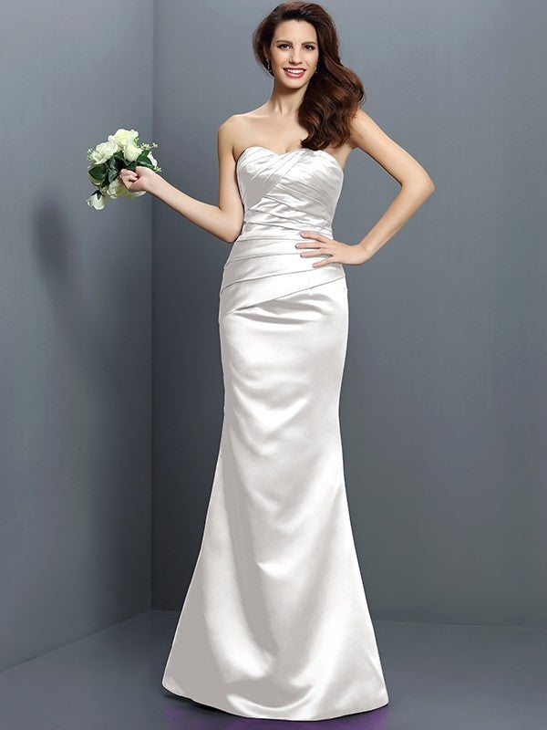 Charming Mermaid Strapless Pleats Sleeveless Long Satin Bridesmaid Dresses