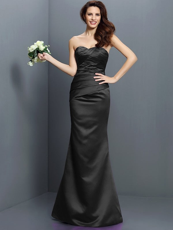 Charming Mermaid Strapless Pleats Sleeveless Long Satin Bridesmaid Dresses