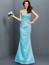 Charming Mermaid Strapless Pleats Sleeveless Long Satin Bridesmaid Dresses