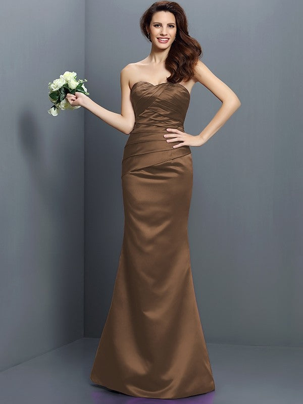 Charming Mermaid Strapless Pleats Sleeveless Long Satin Bridesmaid Dresses