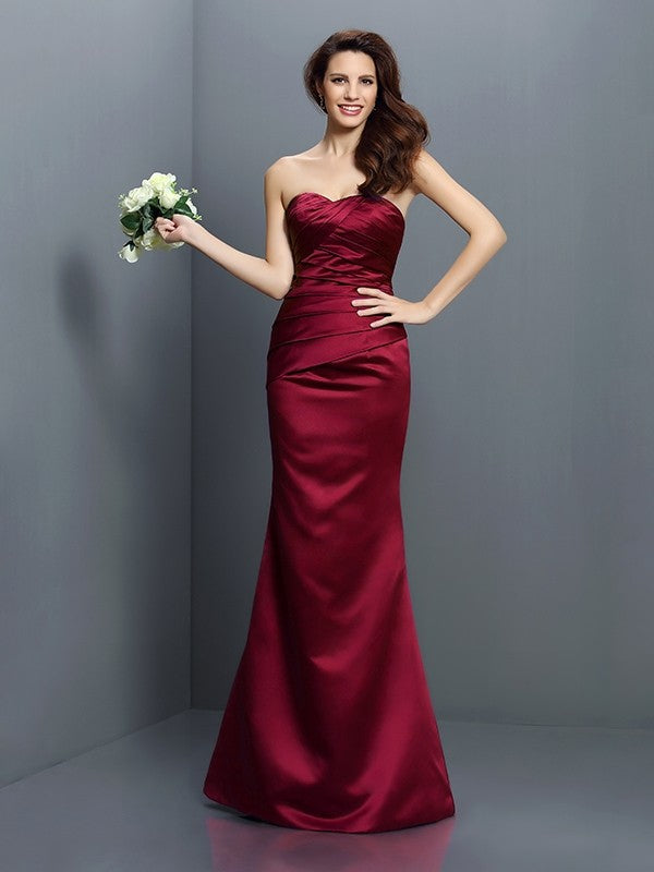 Charming Mermaid Strapless Pleats Sleeveless Long Satin Bridesmaid Dresses