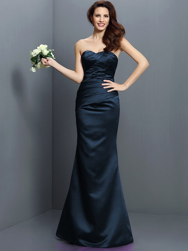 Charming Mermaid Strapless Pleats Sleeveless Long Satin Bridesmaid Dresses