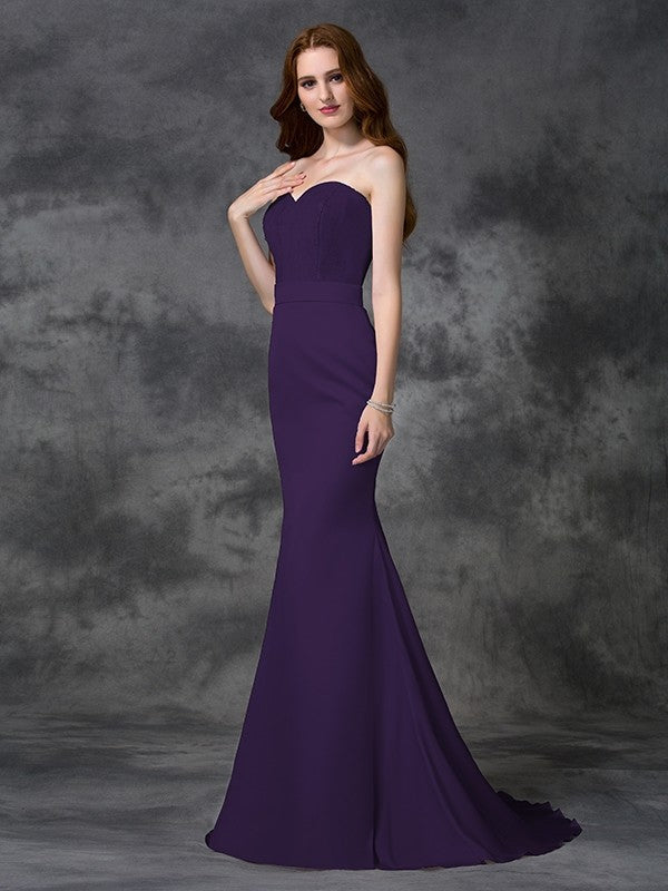 Charming Mermaid Sweetheart Beading Sleeveless Long Satin Chiffon Bridesmaid Dresses